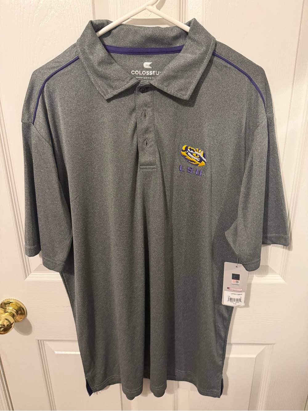 Colosseum Gray LSU Embroidered Performance Polo with Purple Accents